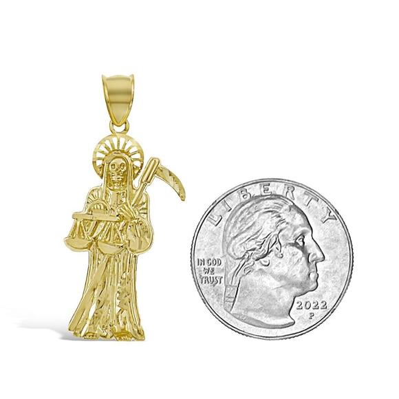 10k Yellow Gold Santa Muerte Pendant Grim Reaper Charm Holy Death 1.6 inch - Picture 2 of 2